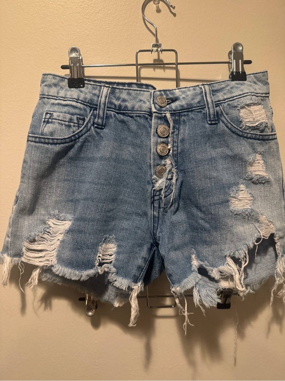 VERVET BY FLYING MONKEY Light Blue Button-Front Distressed Denim Shorts